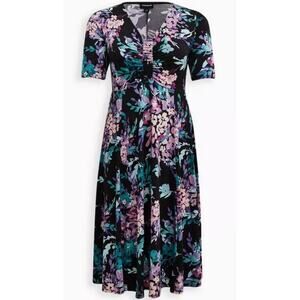 Torrid Midi Knit Ruched Front Dress 3 black floral purple 1/2 short sleeve